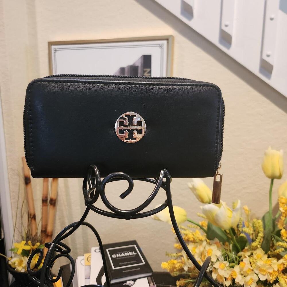Tory Burch black leather wallet with silver rhinestone 'T' logo